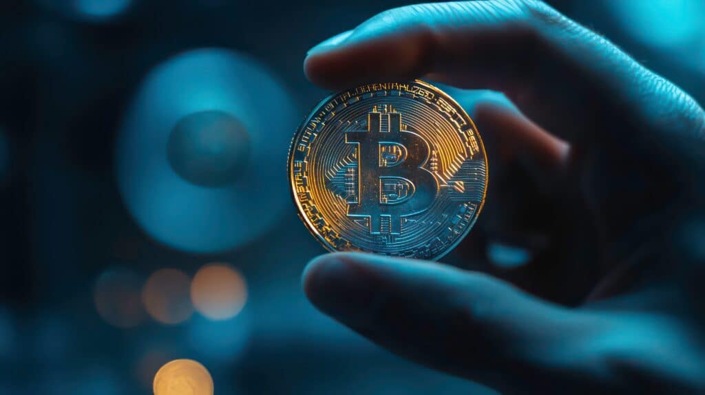 Uma imagem em close de uma mão segurando uma criptomoeda entre os dedos