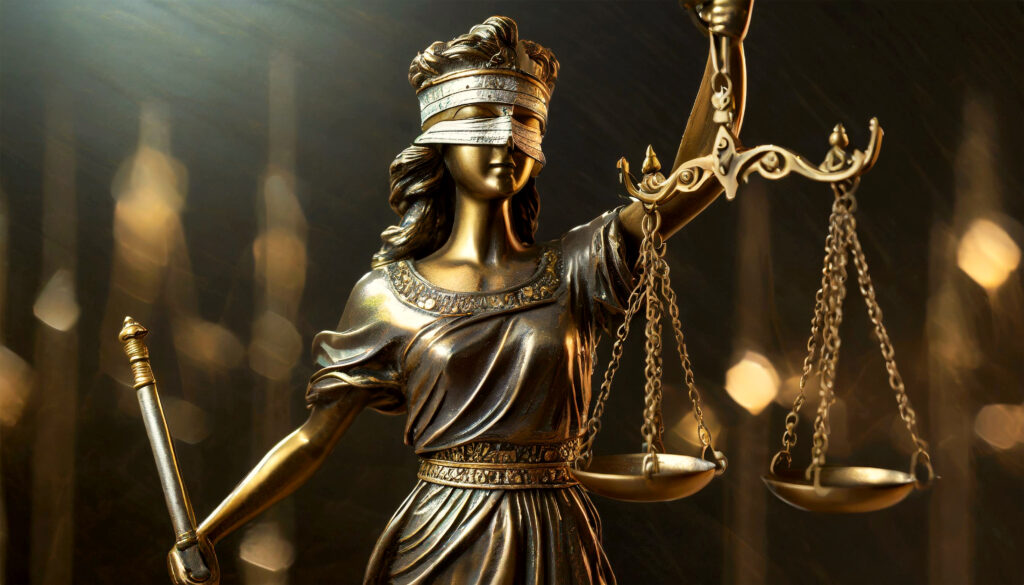 Close-up da estátua de bronze de Têmis, deusa da justiça vendada segurando a balança da lei e uma espada, sobre um fundo escuro com luz vindo de cima.